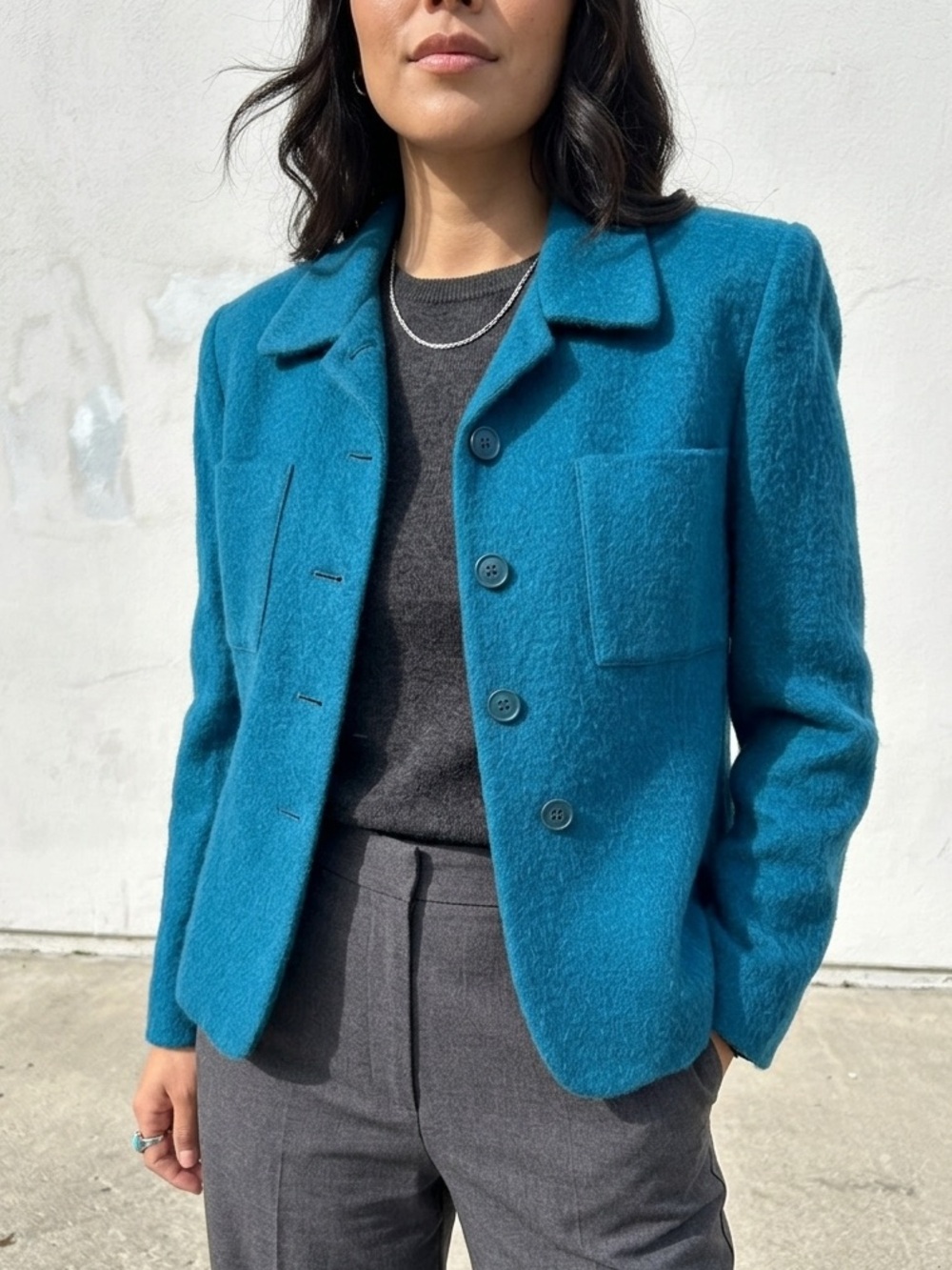 Vintage Teal Wool Blend Jacket Boxy Minimalist Cropped Blazer Jones NY 8